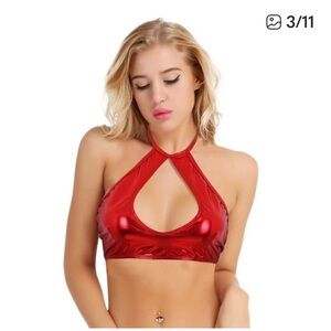 New Shiny Red Rave Halter Top